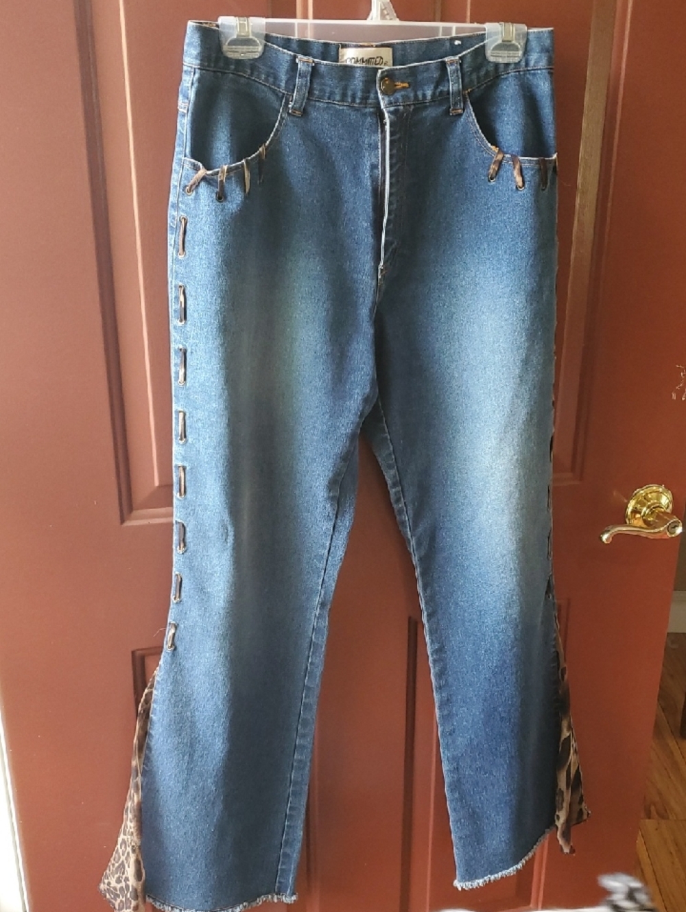 Committed Stretch Women’s Blue Denim Jeans with Leopard Trim Raw Hem Size 10